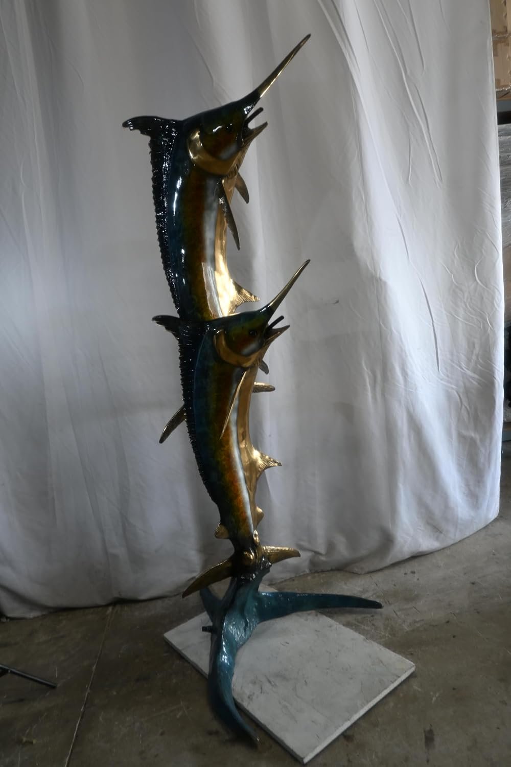 Double Marlin Bronze Garden Fountain Leaping Ocean Waves 42"x31"x74"H