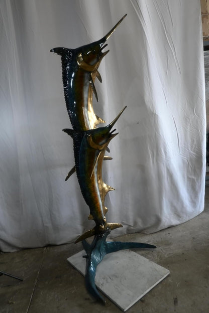 Double Marlin Bronze Garden Fountain Leaping Ocean Waves 42"x31"x74"H