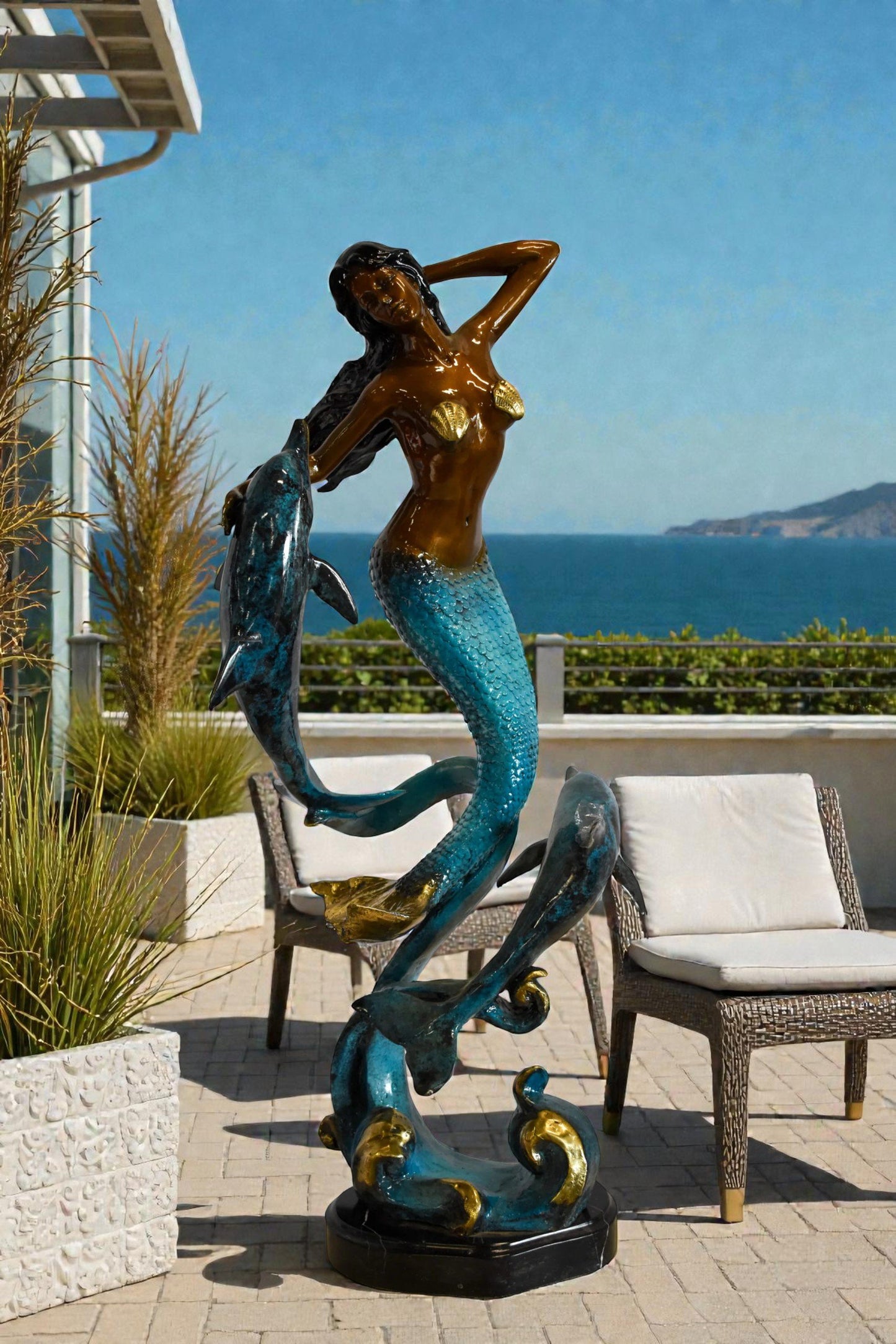 Graceful Mermaid and Two Dolphins Bronze Statue 13" x 9" x 31"H