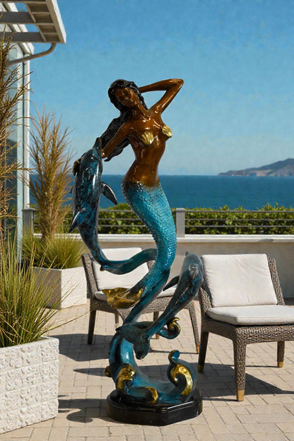 Graceful Mermaid and Two Dolphins Bronze Statue 13" x 9" x 31"H