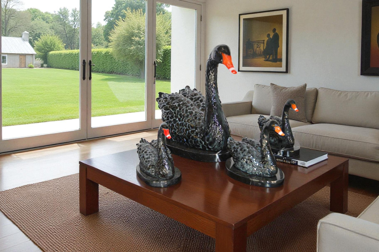 Set of Black Swans each on Mable Base bronze statue -  Size: 9"L x 18"W x 15"H.