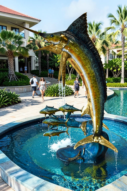 Giant Colored Marlin Fish W 4 Jack Fish Bronze Statue Fountain 85" x 30" x 90"H