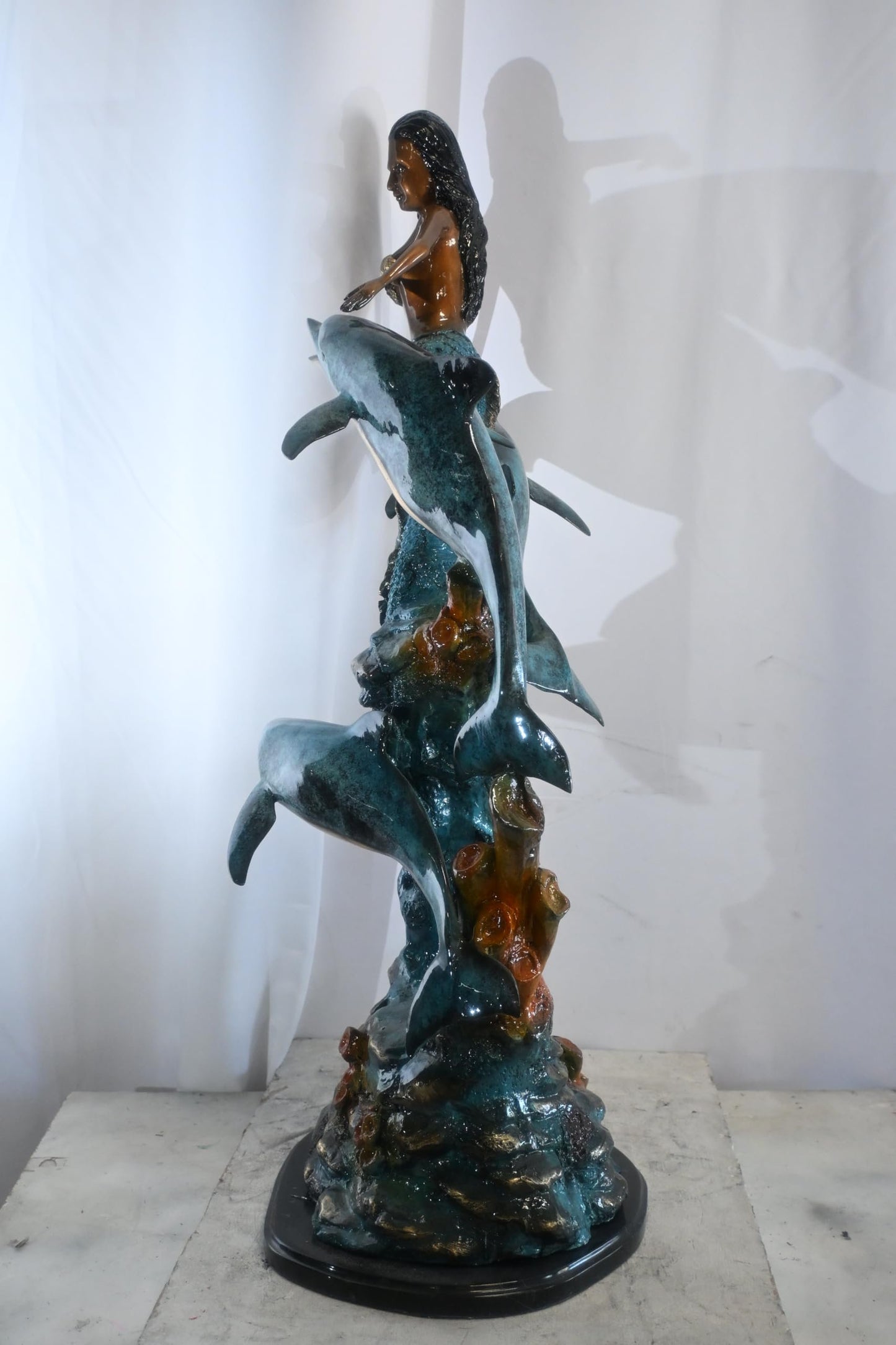 Bronze Mermaid with Dolphins on Coral Reef Sculpture 25"x16"x43"H