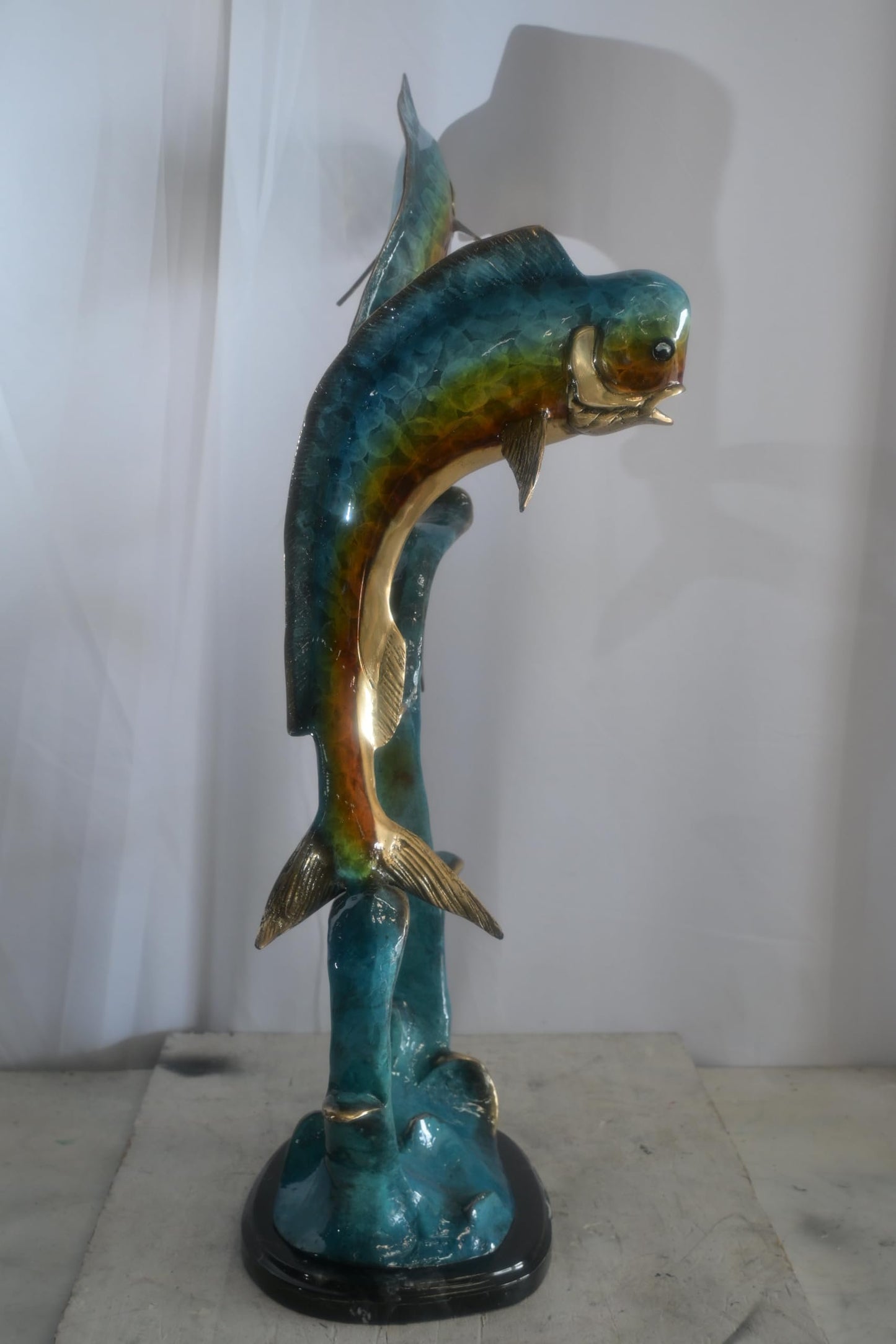 Bronze Dual Mahi Mahi Fish Sculpture on Wave Marble Base 19"x12"x35"H