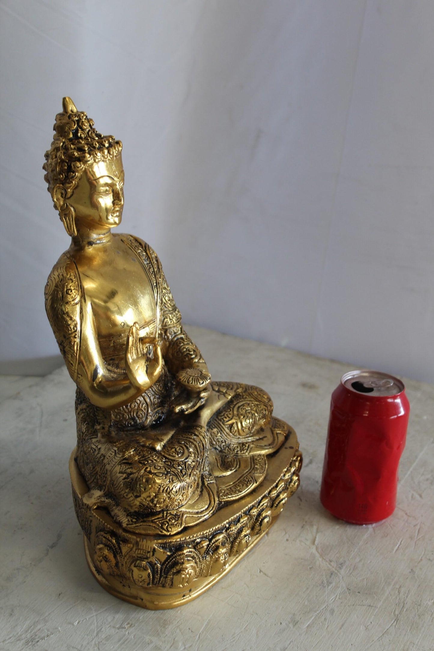 Tibetan Buddha Aluminum Sculpture in Radiant Gold Finish 10" x 7" x 14"H