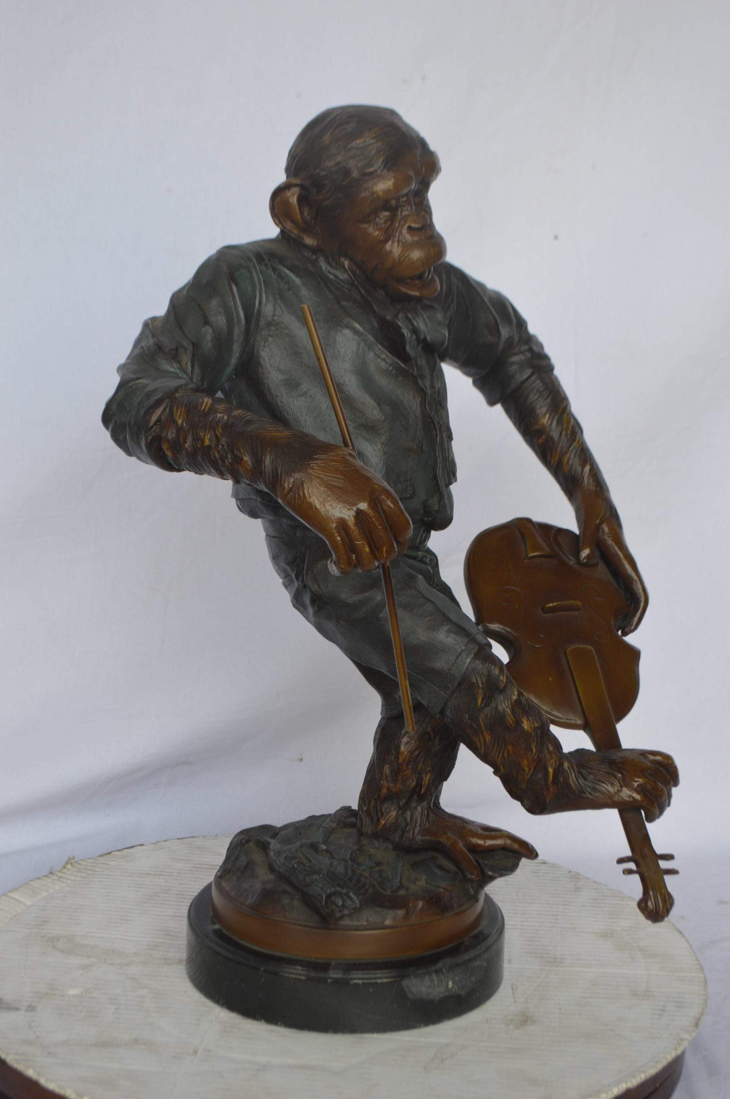 Monkey with Violin bronze statue - Size: 20"L x 17"W x 26"H