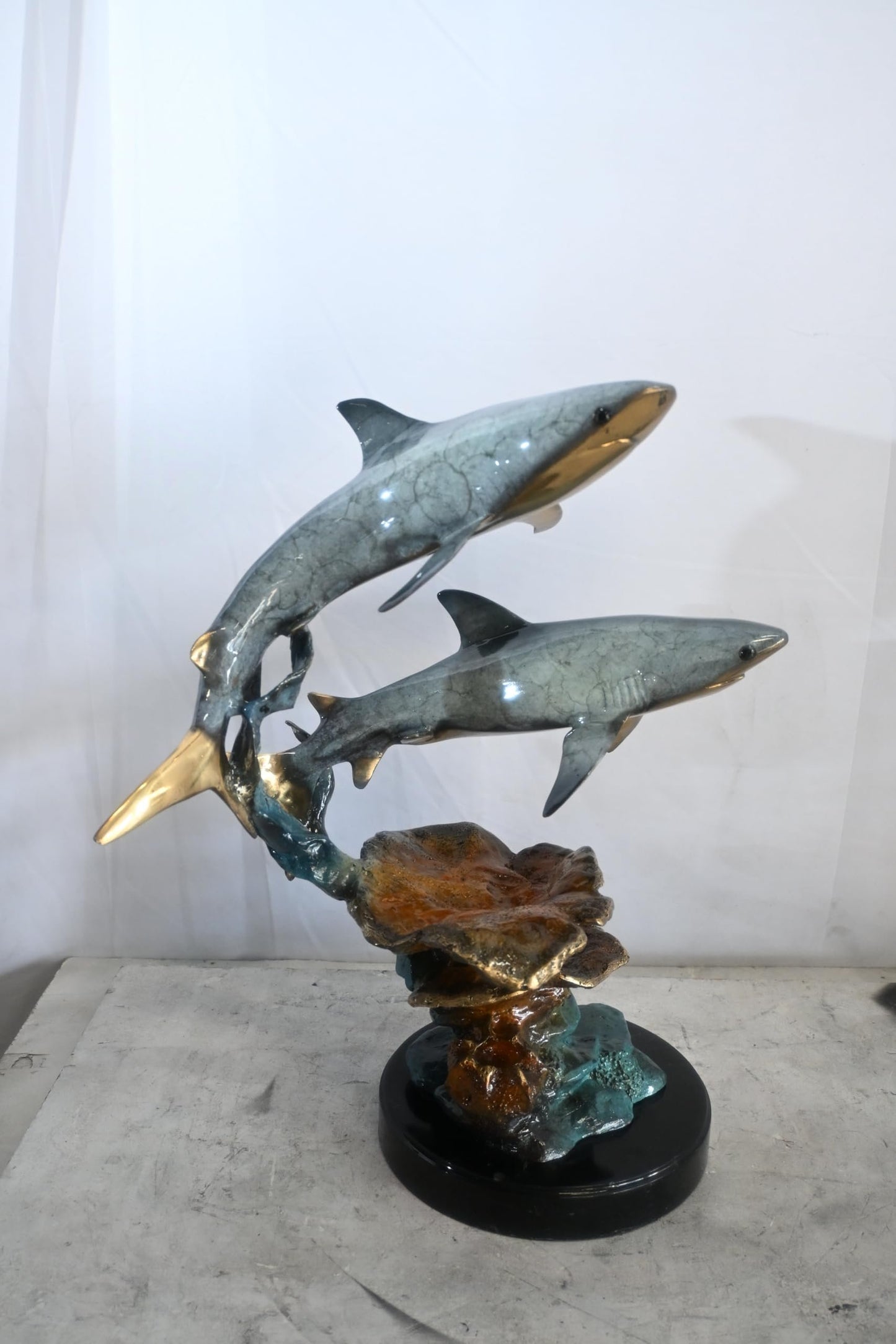 Two Sharks Bronze Sculpture Coral Reef Base 19"x11"x23"H