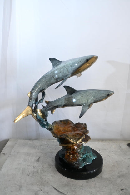 Two Sharks Bronze Sculpture Coral Reef Base 19"x11"x23"H