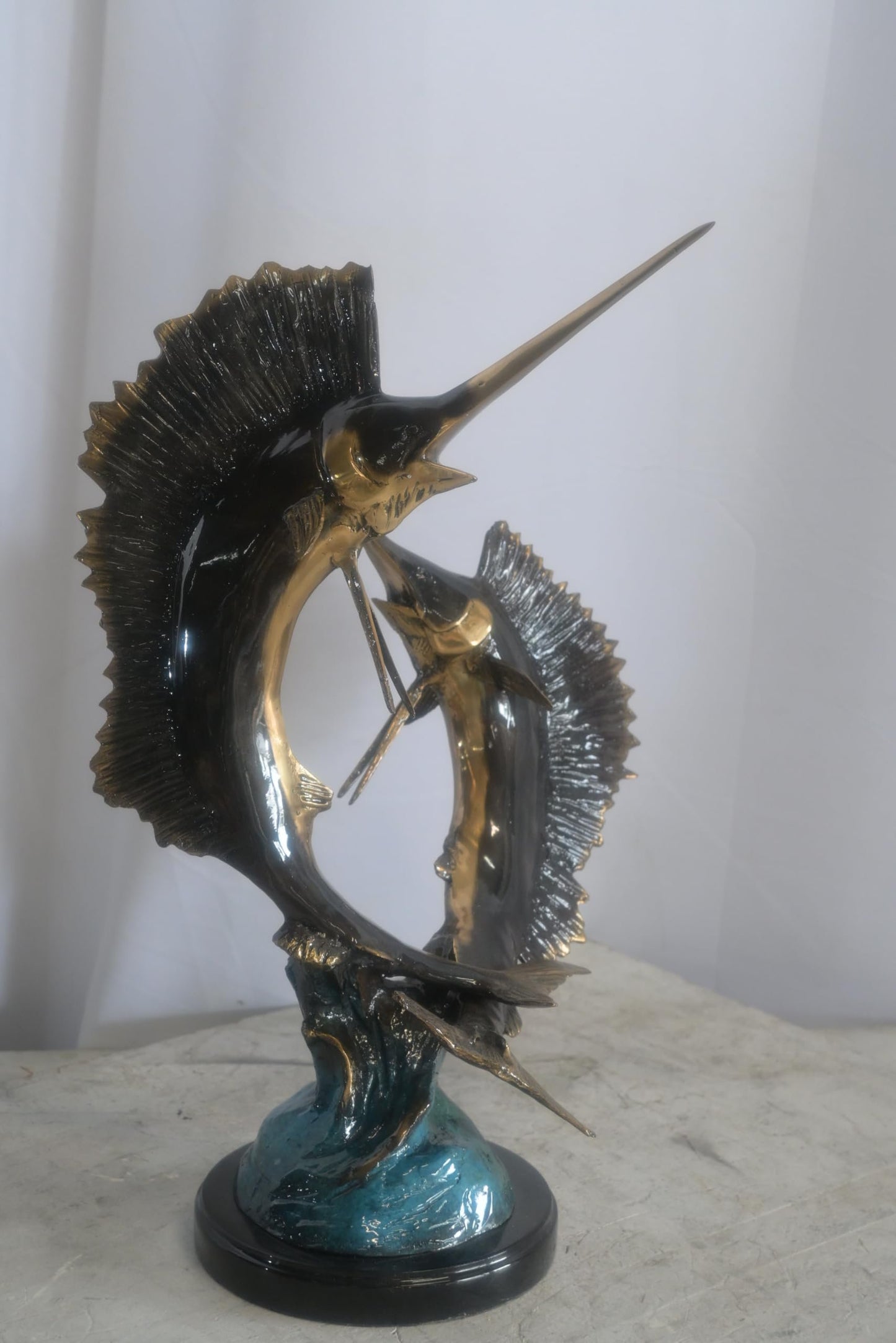 Bronze Dual Sailfish Sculpture on Wave Base and Marble 11"x10"x20"H