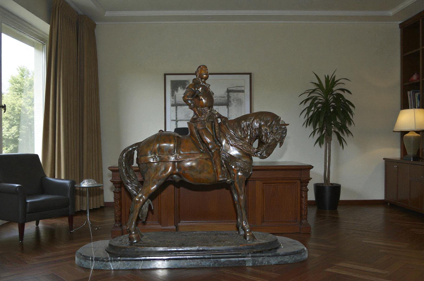 Man on his Horse Bronze Statue -  Size: 30"L x 10"W x 25"H.