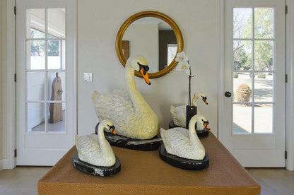 Set of White Swans each on Mable Base bronze statue -  Size: 9"L x 18"W x 15"H.