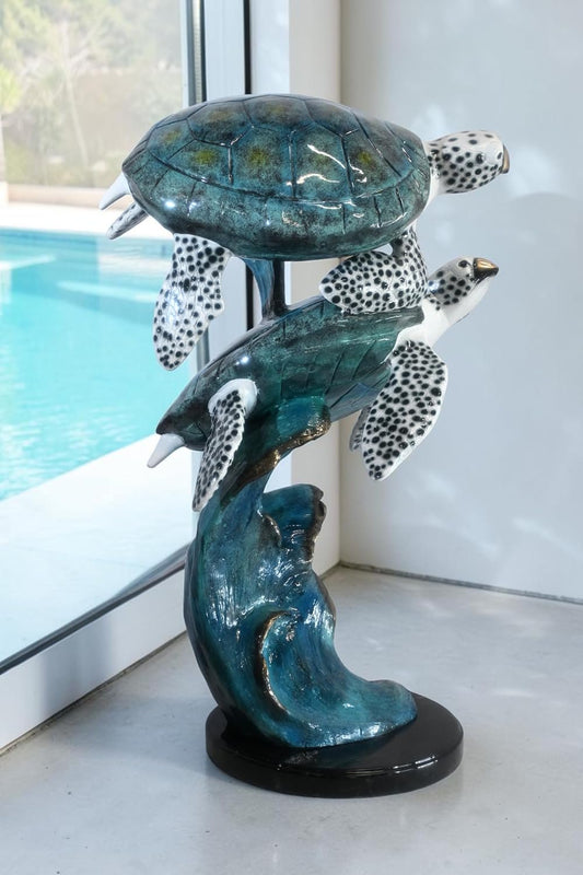 Bronze Two Sea Turtles Sculpture on Wave Base 26"x21"x41"H