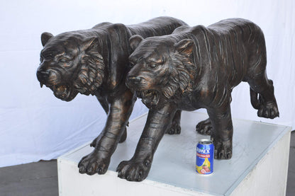 Pair Of Tigers Bronze Statues -  Size: 52"L x 10"W x 21"H.