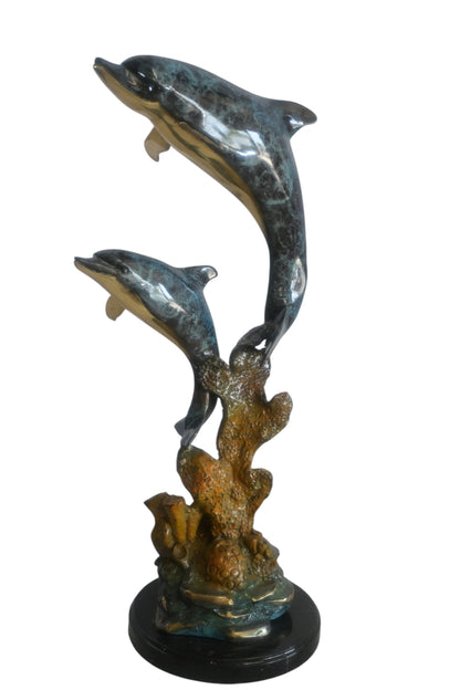 Bronze Dual Leaping Dolphin Sculpture on Marble Base 10"x6"x24"H