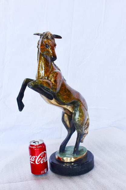 Colored rearing horse bronze statue -  Size: 14"L x 7"W x 21"H.