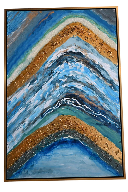 Silence Geode Abstract Canvas Painting Blue Gold Framed 61"x41"