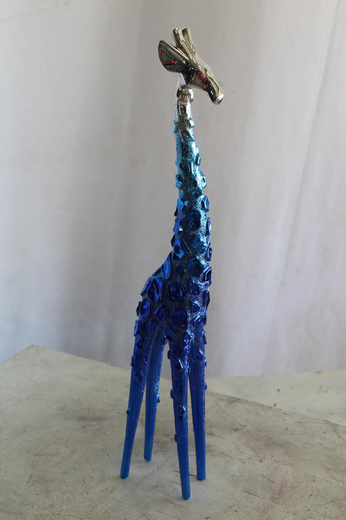 NIFAO Resin Blue Giraffe Sculpture with Chrome Head 30 Inches 4"x6"x30"H