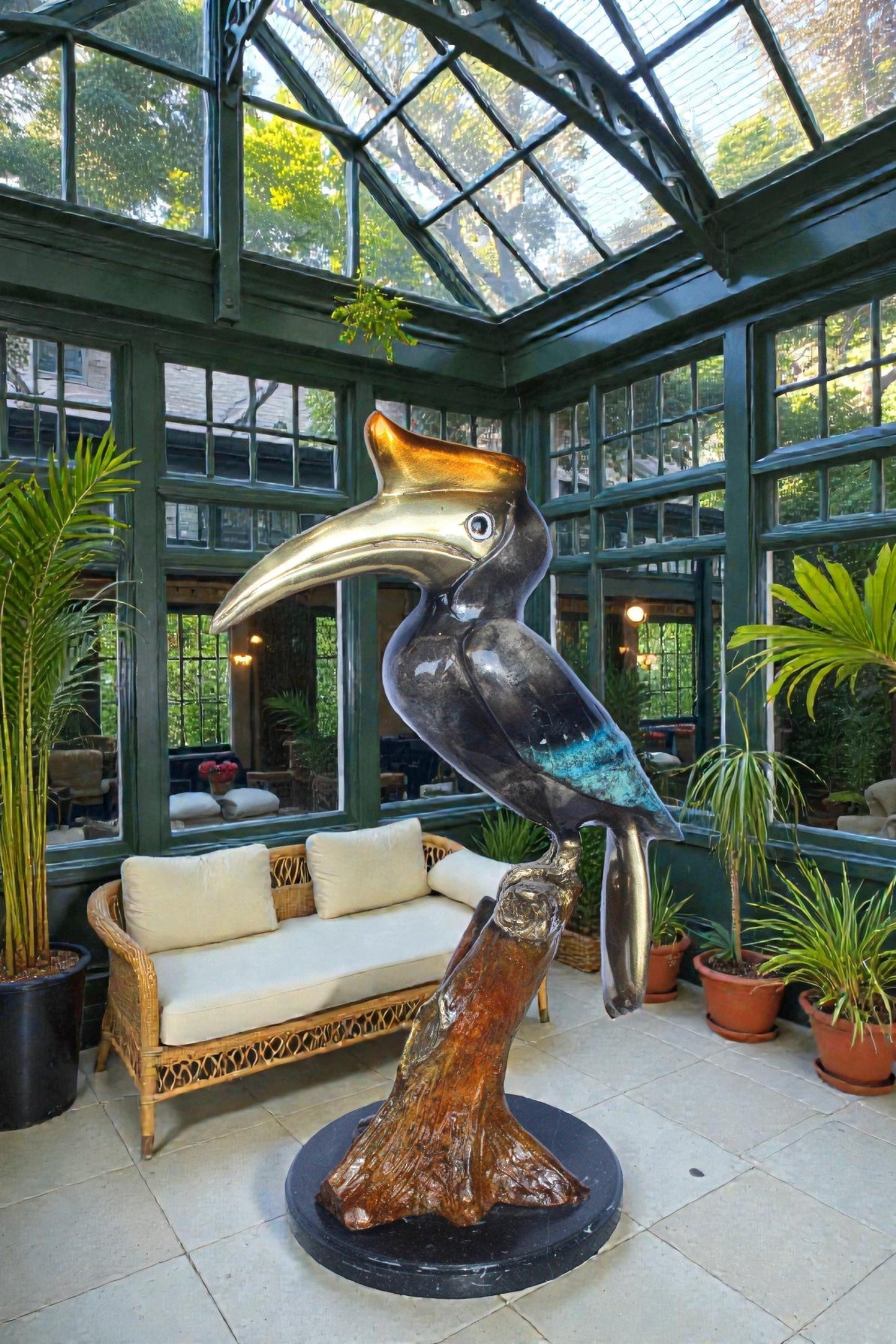 Hornbill Bird on Tree Branch, Colored Bronze Statue 10" x 10" x 22"H