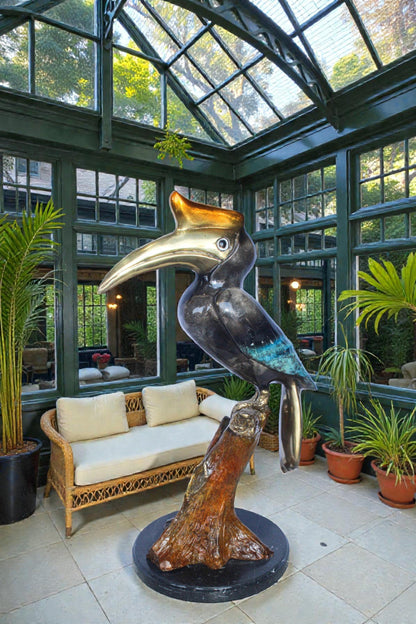 Hornbill Bird on Tree Branch, Colored Bronze Statue 10" x 10" x 22"H