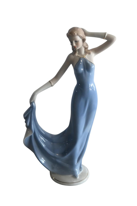 Porcelain Elegant Lady Blue Flowing Gown Dancer Figurine 5"x3"x12"H