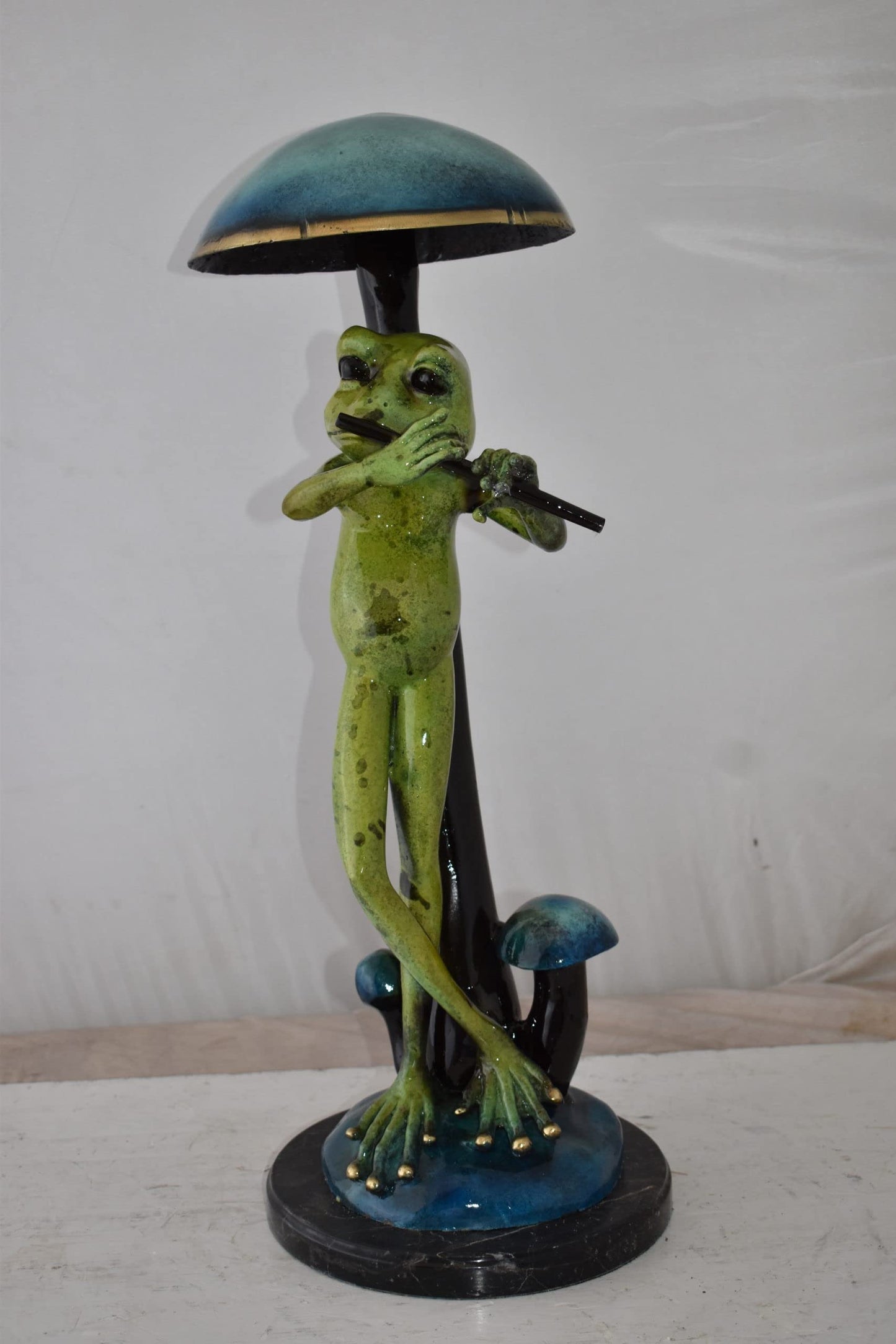 Musical Green Frog Playing the Flute Bronze Statue Size: 14" x 12" x 27"H