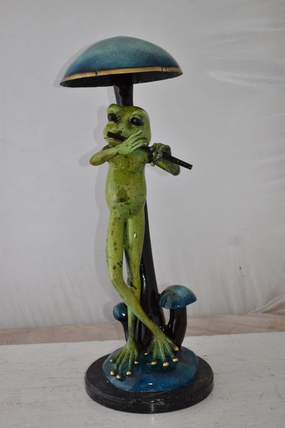 Musical Green Frog Playing the Flute Bronze Statue Size: 14" x 12" x 27"H
