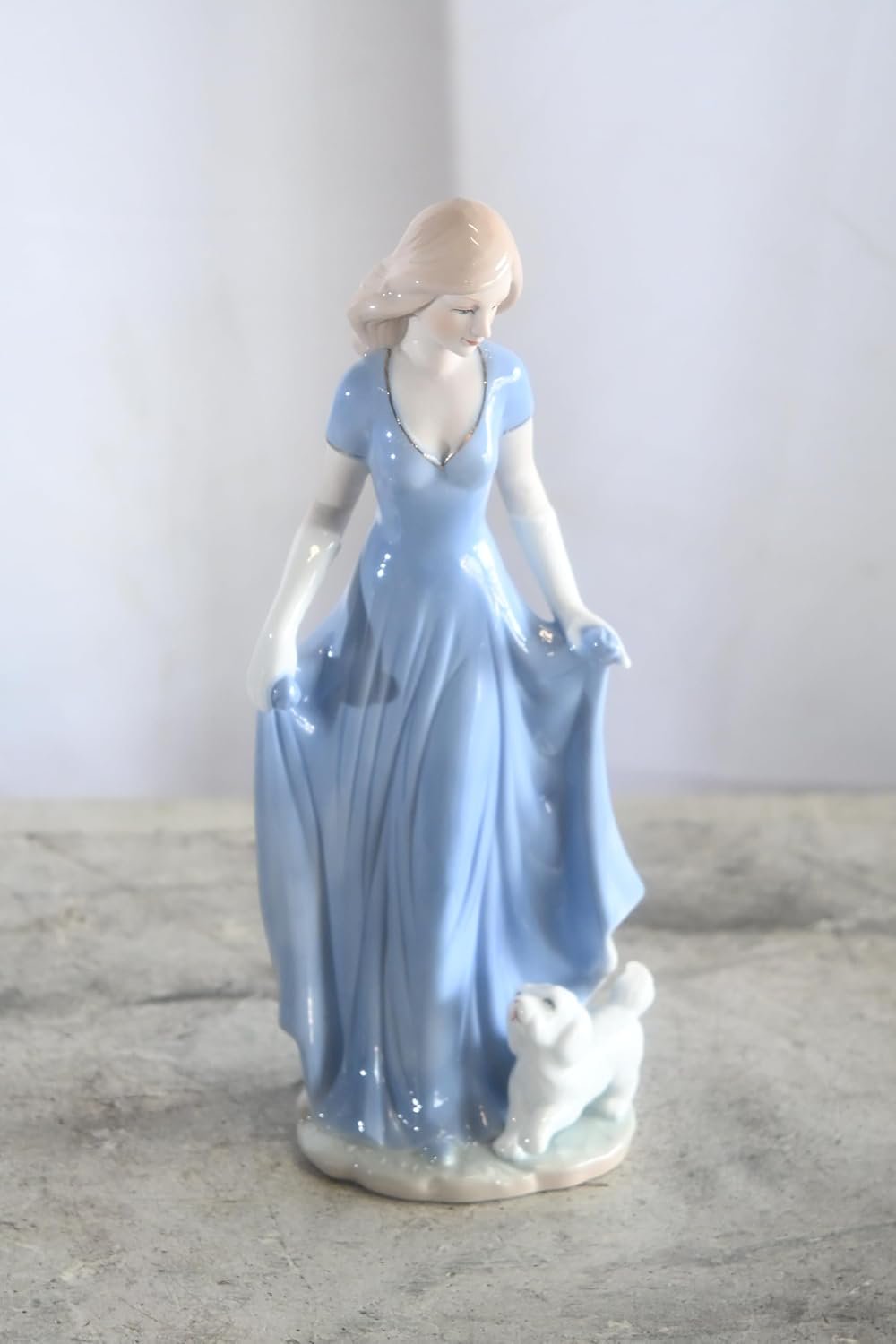 Porcelain Elegant Lady Blue Gown with White Puppy Statue 5"x4"x11"H