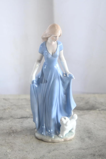 Porcelain Elegant Lady Blue Gown with White Puppy Statue 5"x4"x11"H