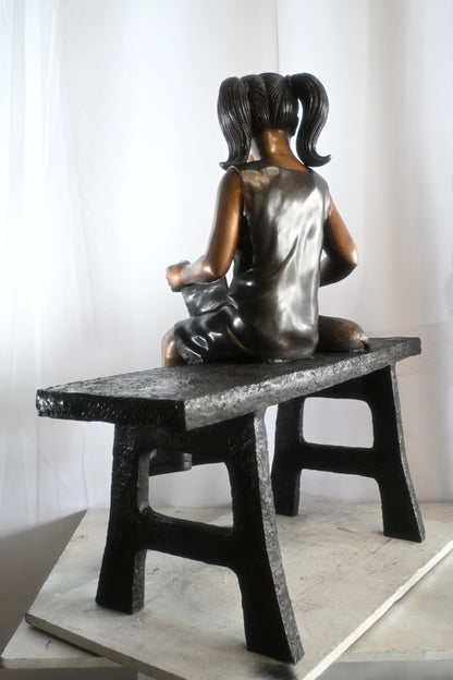 Bronze Girl Reading on Bench with Puppy Statue Sculpture 37"x15"x40"H