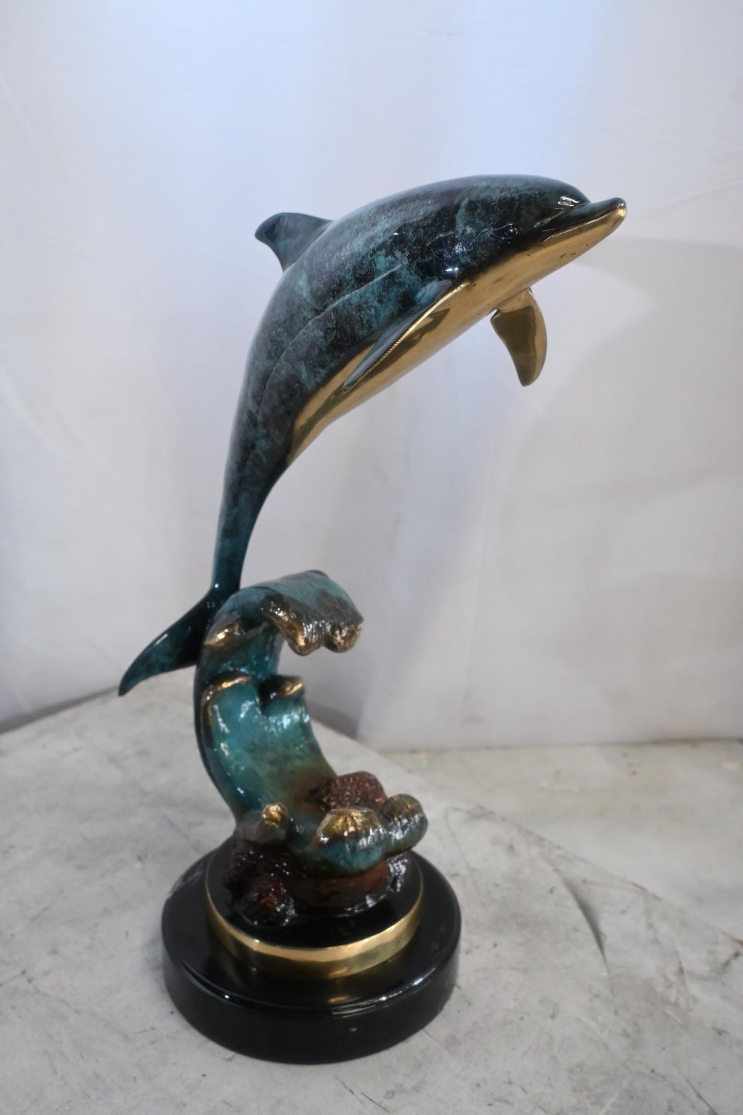 Single Dolphin Bronze Sculpture Leaping Wave Base 13"x8"x21"H