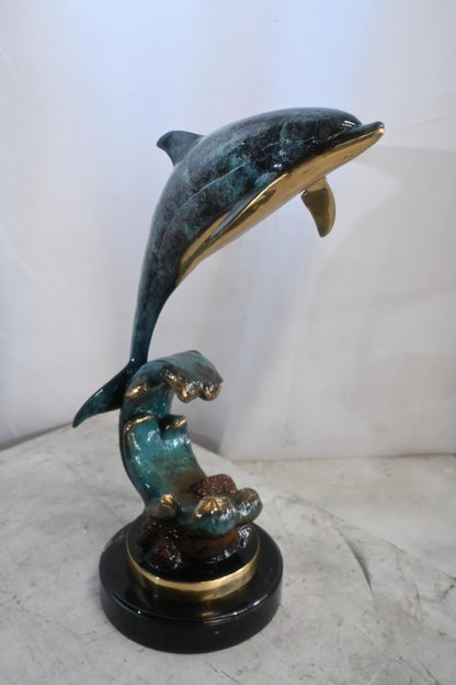 Single Dolphin Bronze Sculpture Leaping Wave Base 13"x8"x21"H