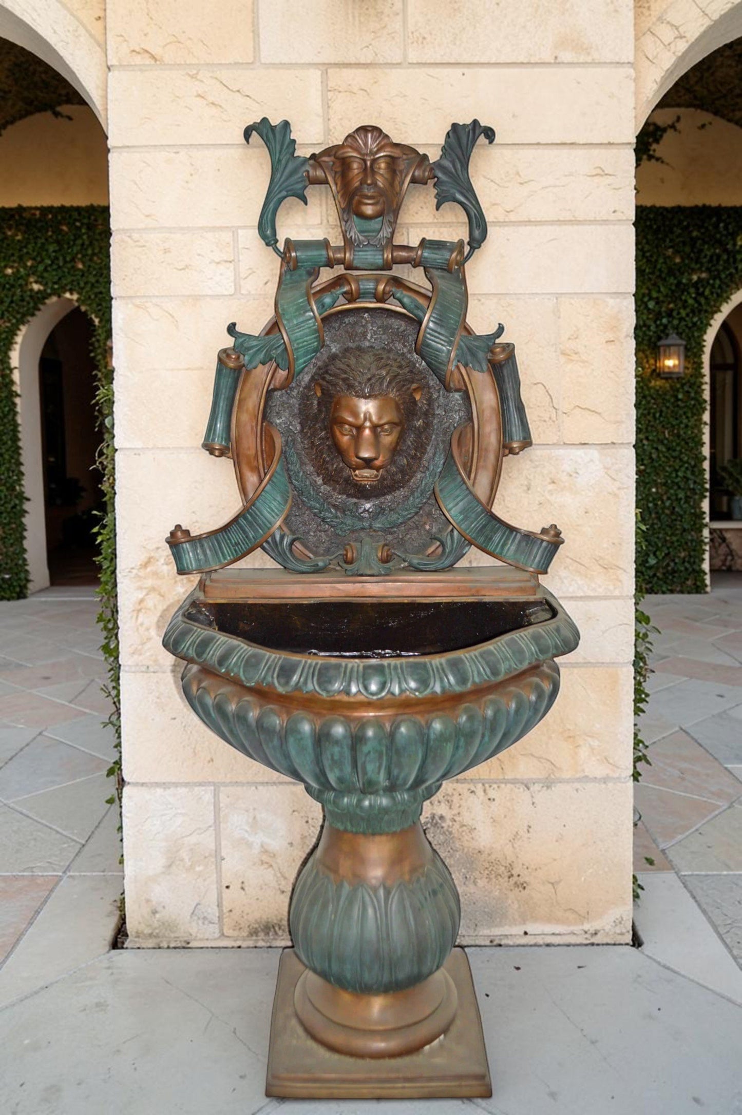 Lion Head Wall Fountain made of Bronze Statue - Size: 32"L x 22"W x 70"H.