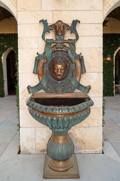 Lion Head Wall Fountain made of Bronze Statue - Size: 32"L x 22"W x 70"H.