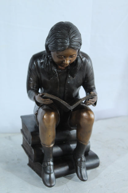 NIFAO Bronze Girl Reading Statue on Book Stack Library Sculpture Art 8" x 6" x 15"H