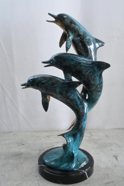 Bronze Dolphin Trio Sculpture Ocean Wave Statue 14"x11"x24"H