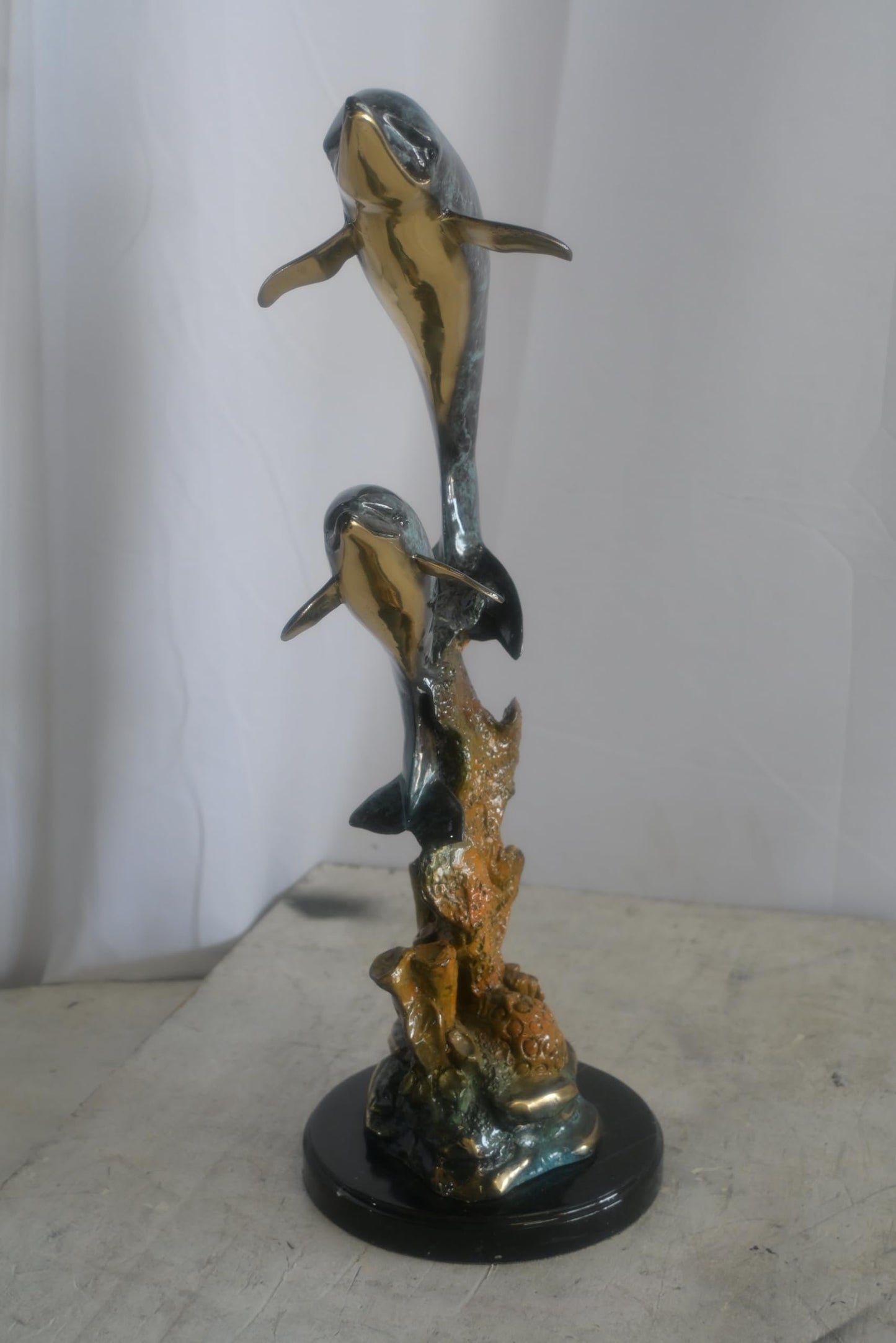 Bronze Dual Leaping Dolphin Sculpture on Marble Base 10"x6"x24"H