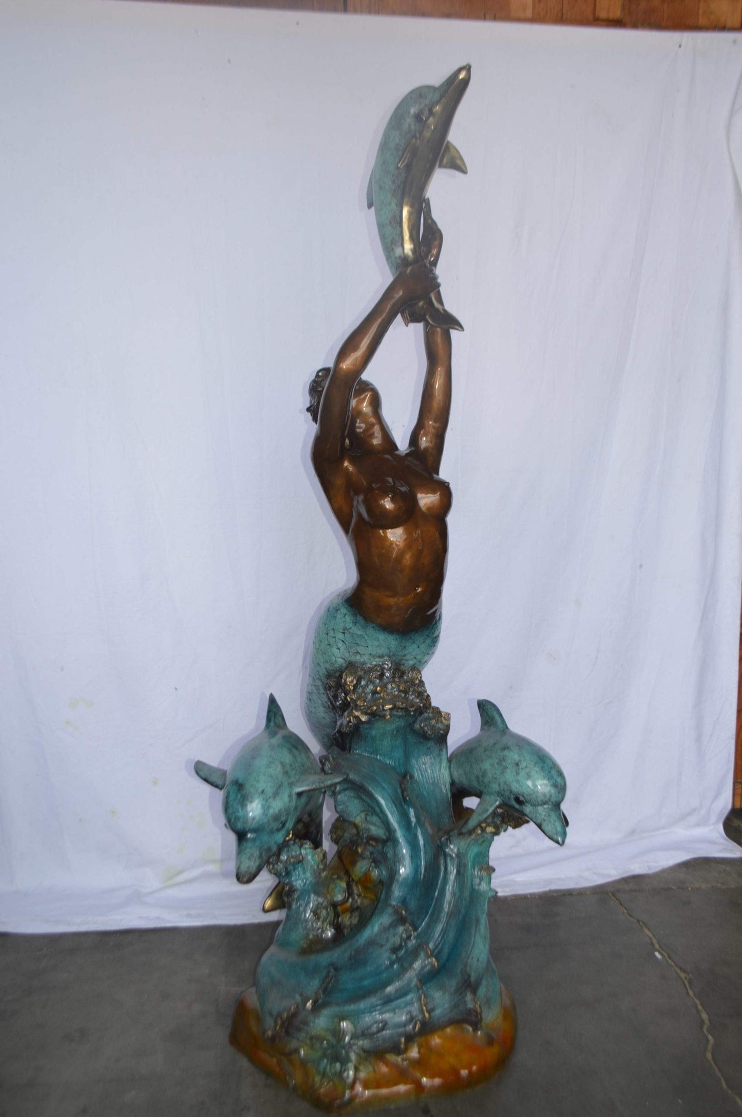 Mermaid and Three dolphins fountain bronze statue - Size: 34"L x 41"W x 83"H.