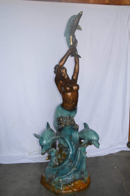 Mermaid and Three dolphins fountain bronze statue - Size: 34"L x 41"W x 83"H.