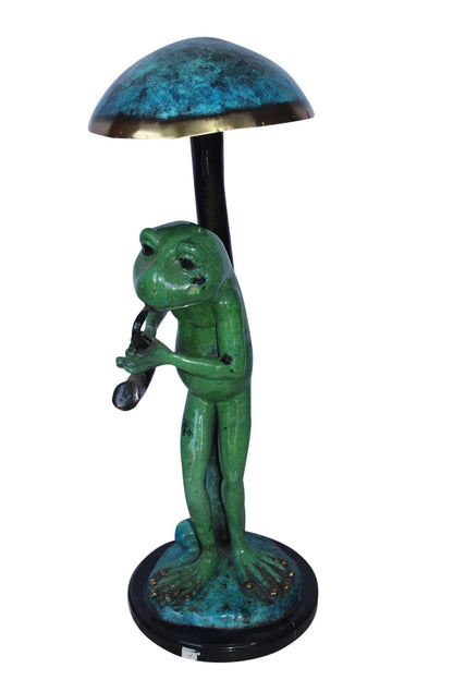 Jazzy frog perched under mushroom bronze statue   -  Size: 10"L x 10"W x 28"H.