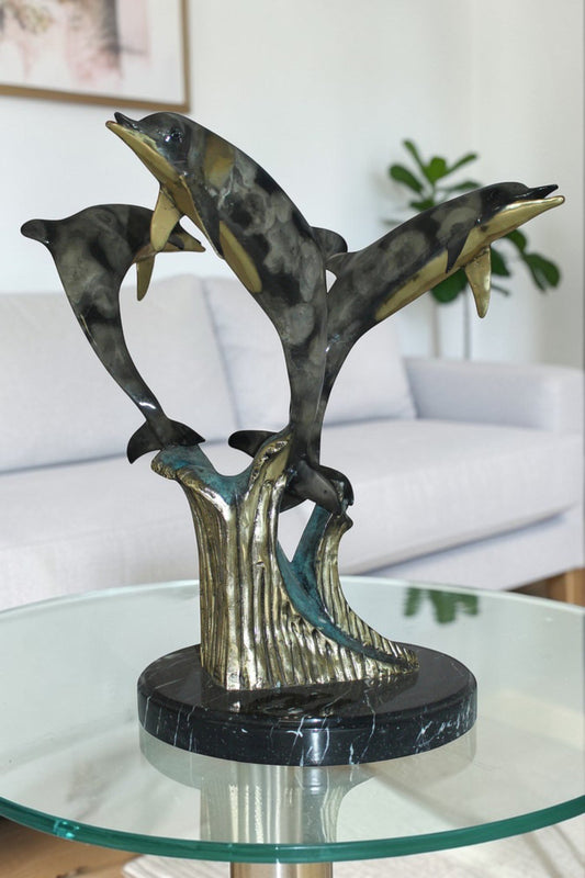Three Dolphins Table Base Bronze Statue -  Size: 20"L x 20"W x 21"H.