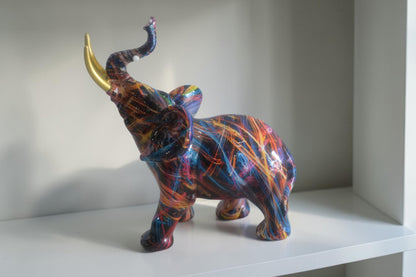 Resin Pop Art Splatter Paint Elephant Sculpture Gold Tusk 7"x3"x8"H