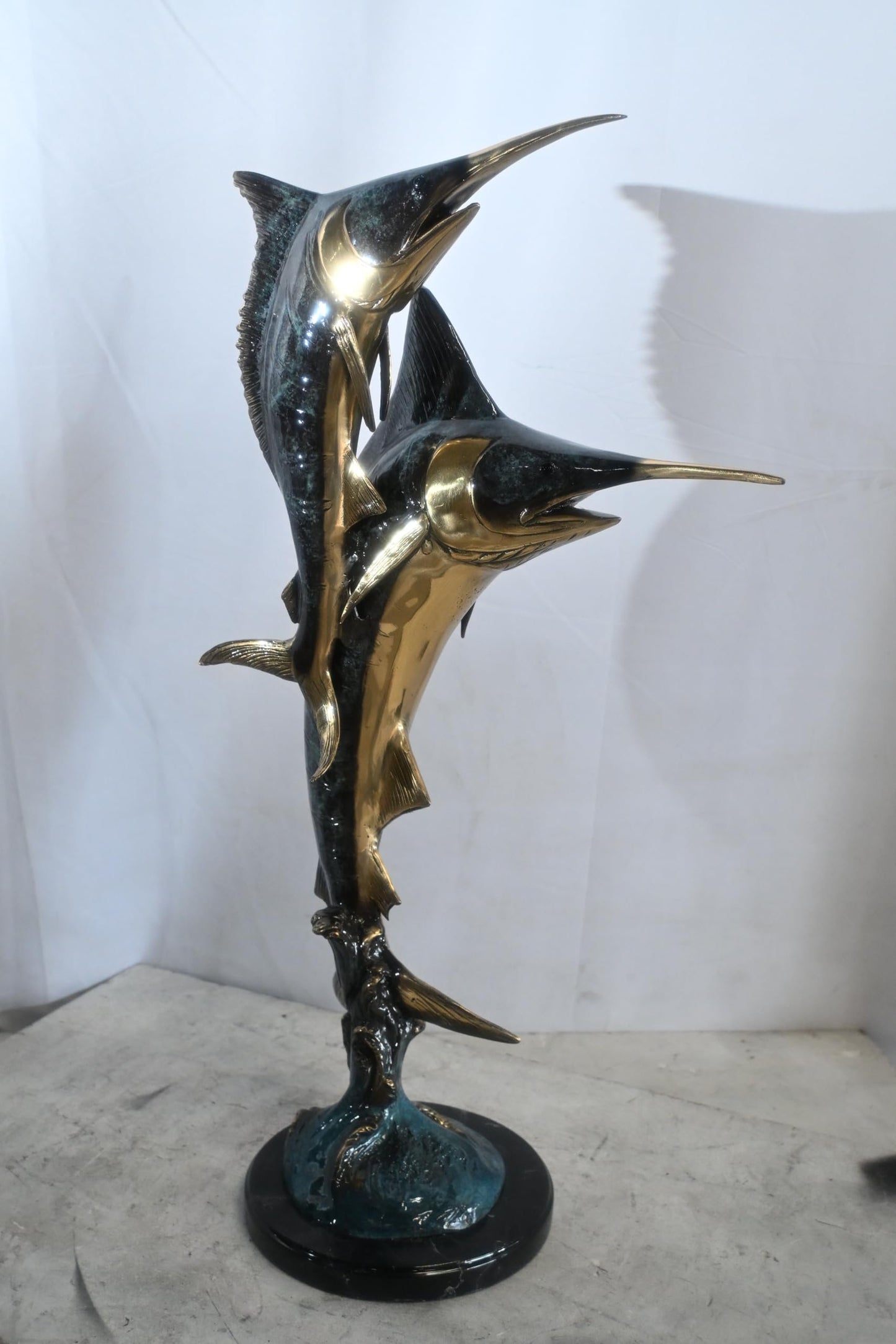 Two Marlin Swordfish Bronze Sculpture Vertical Leap 15"x6"x31"H