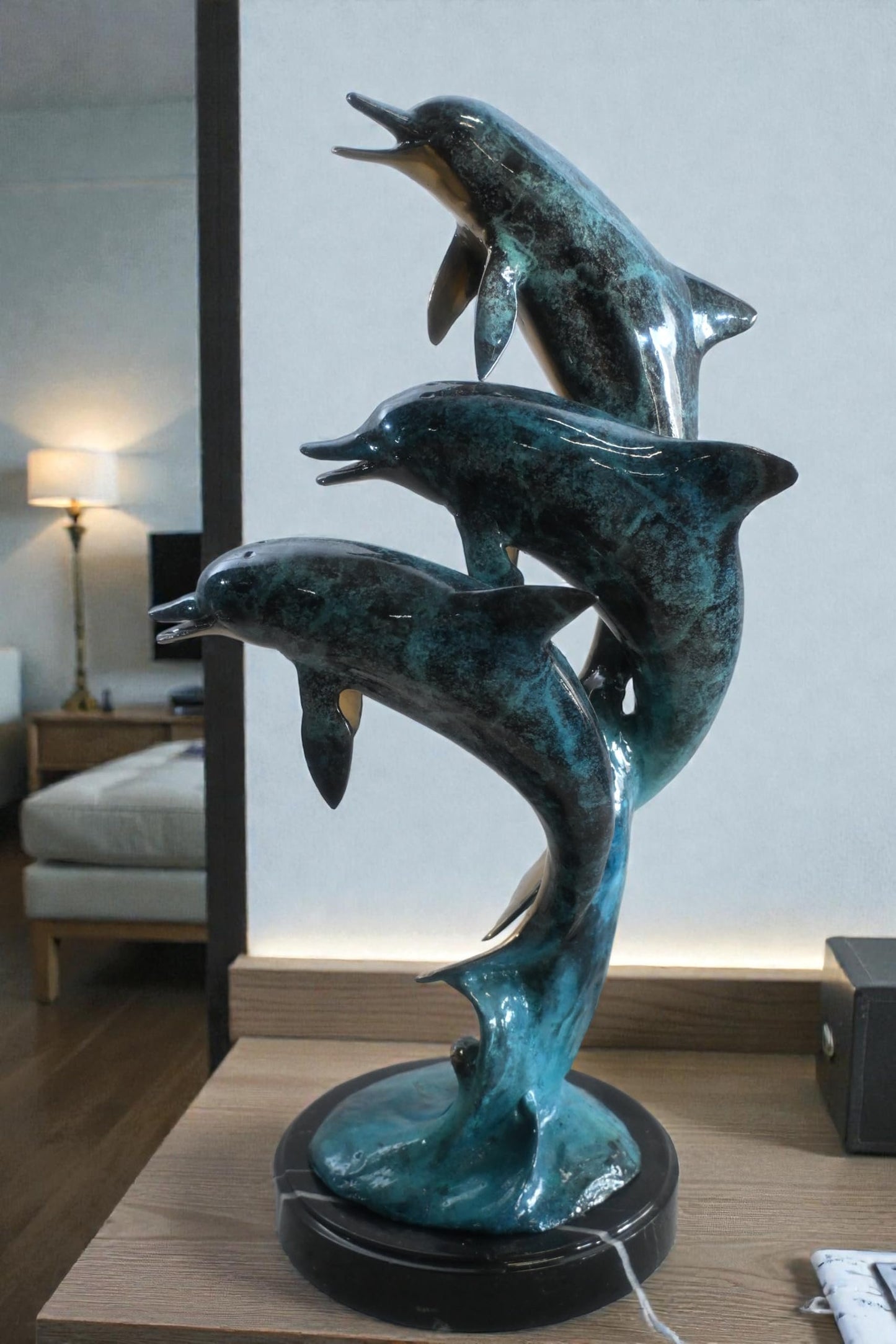 Bronze Dolphin Trio Sculpture Ocean Wave Statue 14"x11"x24"H