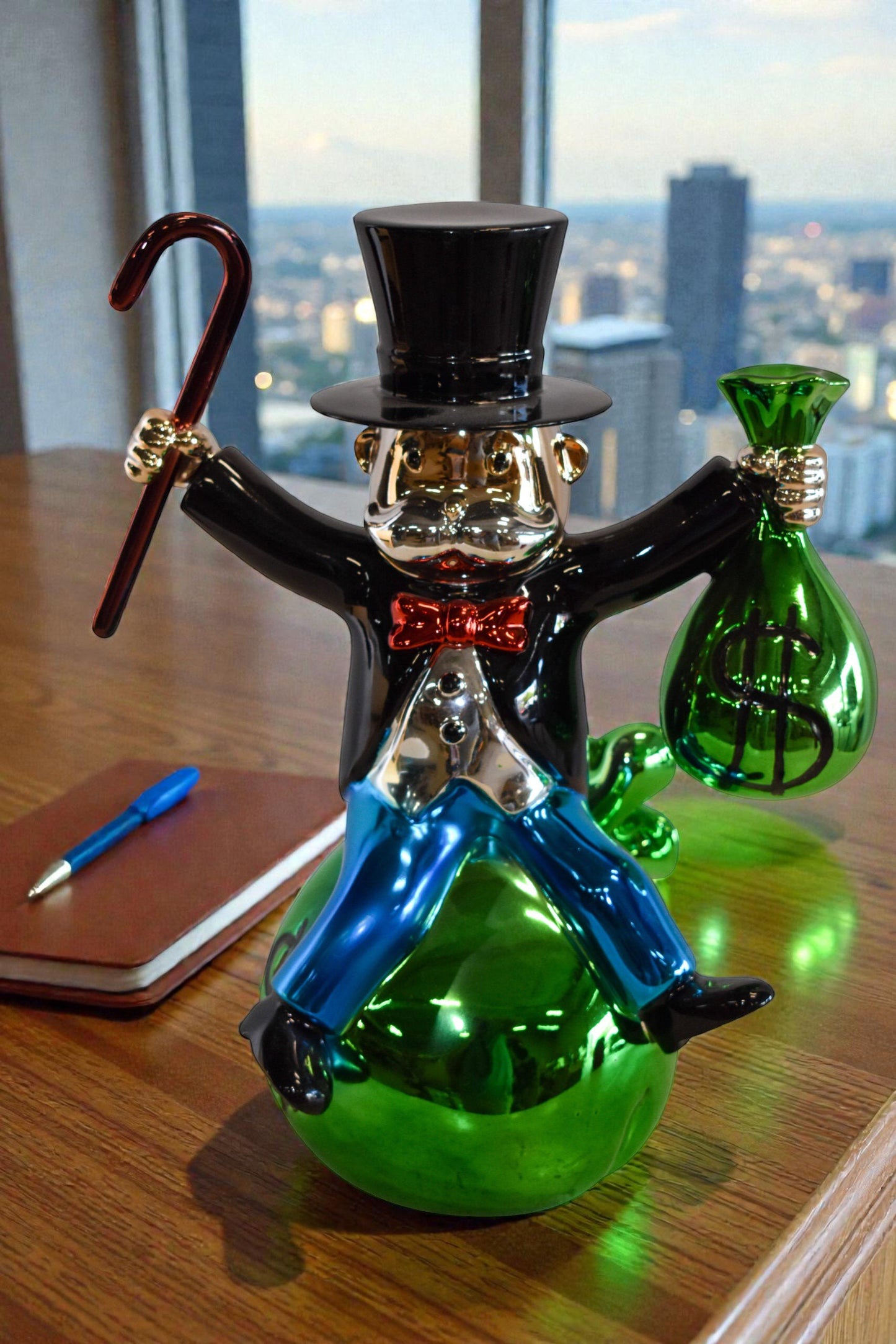 Joyous Monopoly Man Sitting on Money Bag Resin Statue 12" x 10" x 16"H