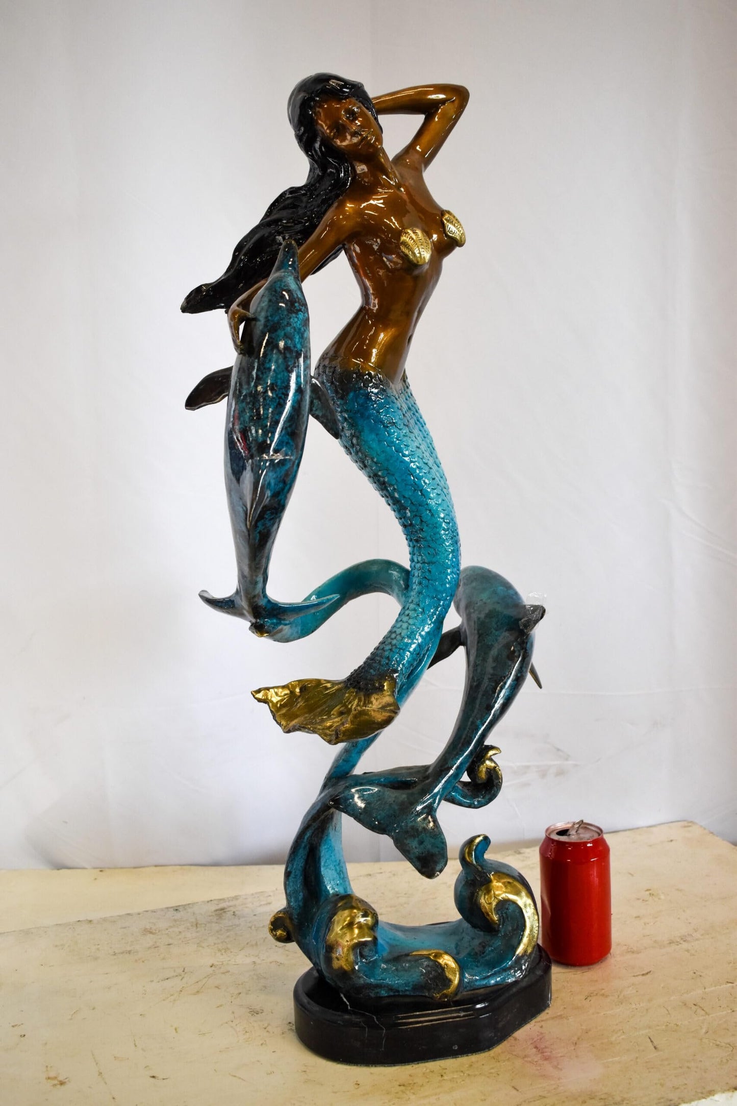Graceful Mermaid and Two Dolphins Bronze Statue 13" x 9" x 31"H