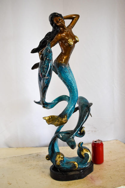 Graceful Mermaid and Two Dolphins Bronze Statue 13" x 9" x 31"H