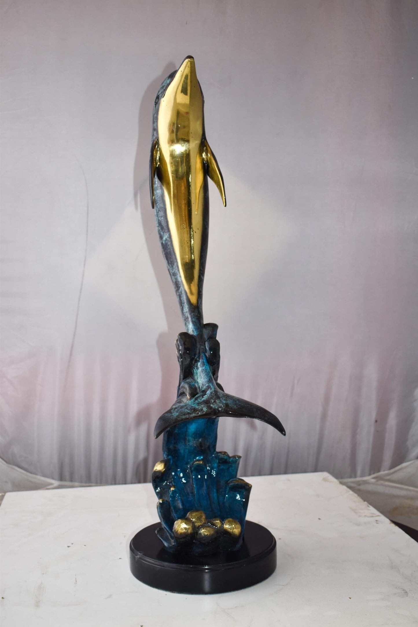 Dolphin Jumping the Waves Colored Bronze Statue Size: 15" x 10" x 31"H