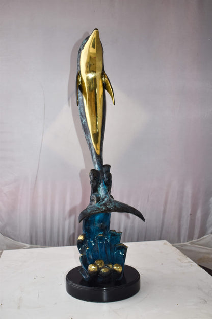 Dolphin Jumping the Waves Colored Bronze Statue Size: 15" x 10" x 31"H