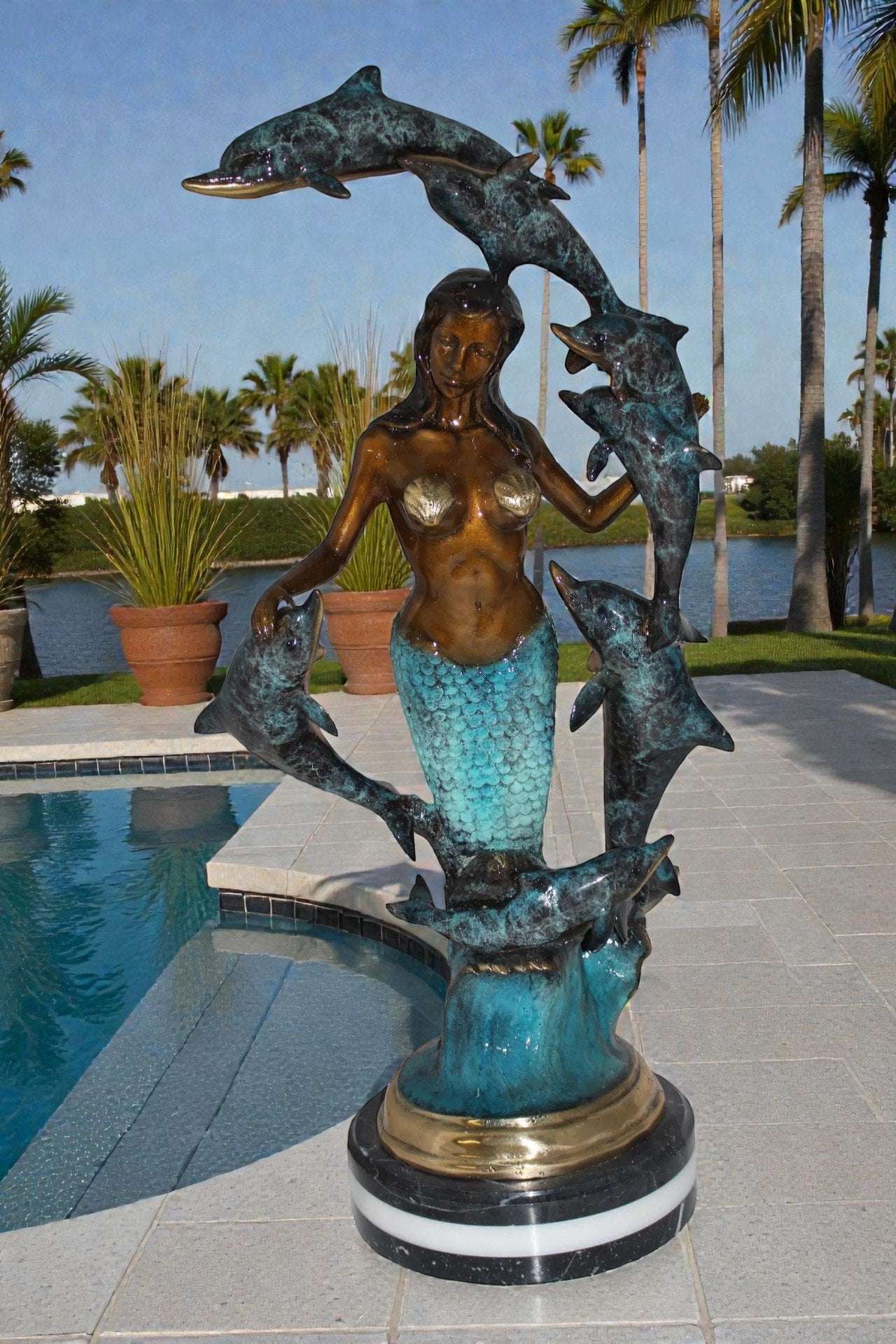 Mermaid w 7 Dolphins Bronze Statue -  Size: 12"L x 12"W x 29"H.