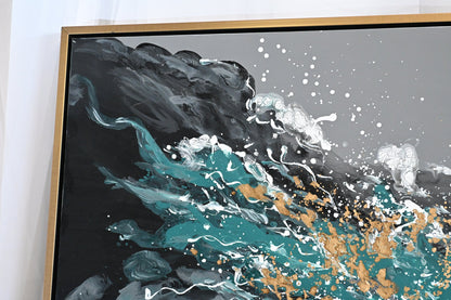 Splash of Green Abstract Canvas Painting Teal Gold Framed 41"x61"